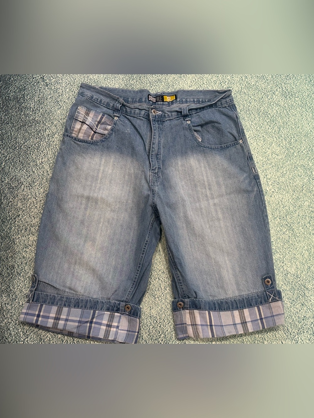 Vintage Y2K Southpole Baggy Long Button Plaid Denim Shorts Jorts Size 38 Skater
